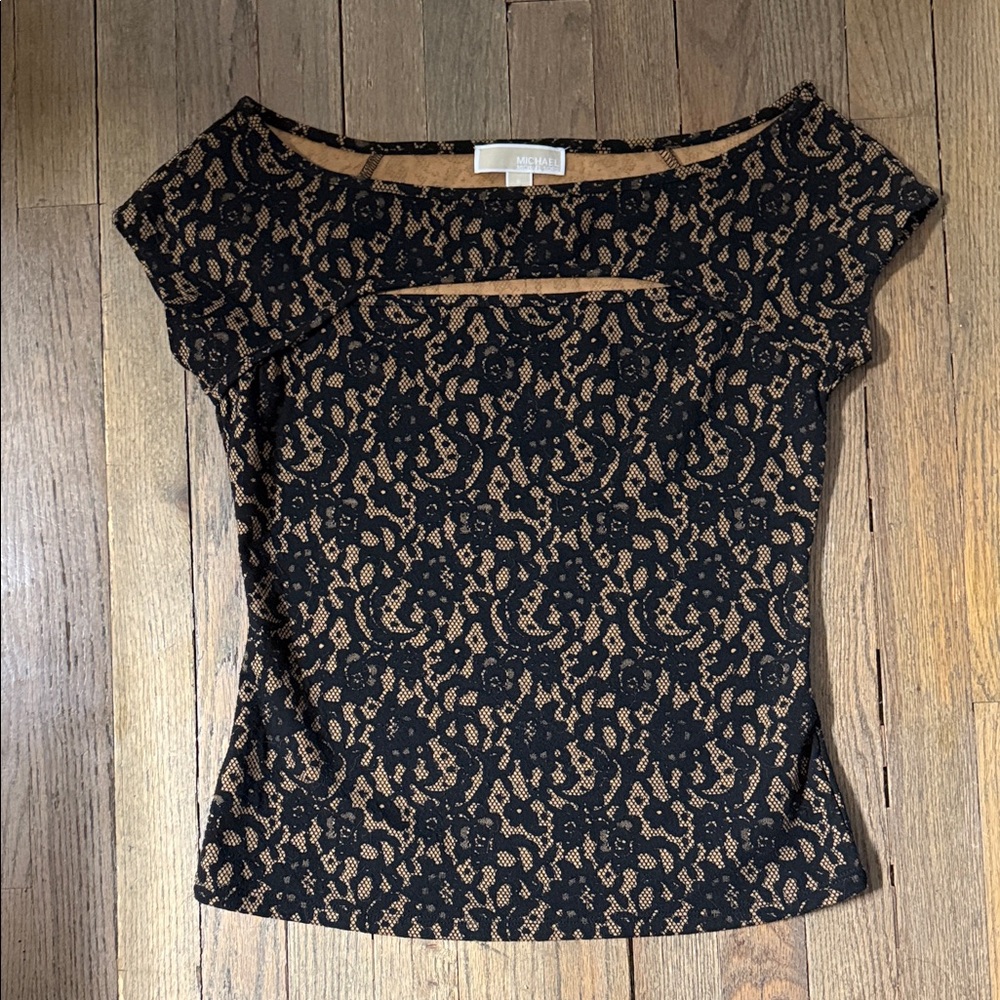 MICHAEL Michael Kors Black Lace Overlay with Tan Underlay Short Sleeve Top